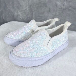Cat & Jack Glitter Slip On Sneakers White Iridescent Girls 7 Toddler sparkly